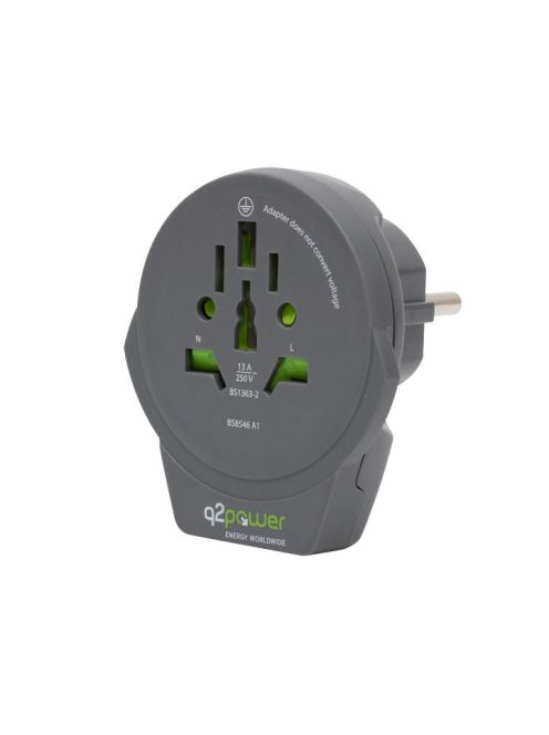 q2power 1.100110-TH utazóadapter, World to Europe USB, USB 5V 2.4A, max. 16 A, 250 V - 4000 W teljesítmény