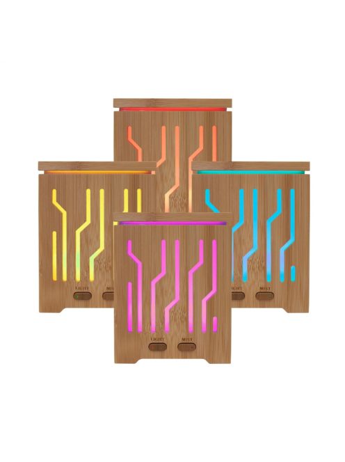 Home AD 200 aromadiffúzor, ultrahangos hidegpárásító, bambusz alapzat és fedél, 200 ml kapacitás, folyamatos színváltás,  tartozék hálózati adapter 