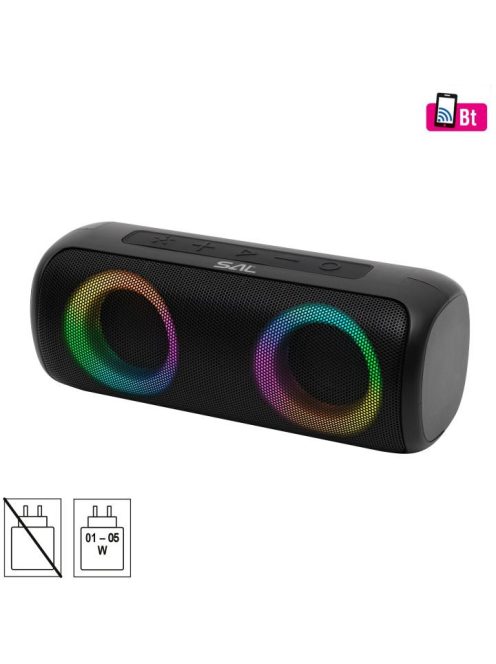 SAL BT2000 boombox, 2x10W, MP3 zenelejátszó, Bluetooth, mélysugárzó, basszus, RGB LED fényjáték, beépített akkumulátor, IPX5