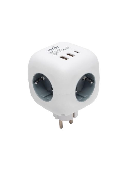Home CUBE1 kocka elosztó USB töltővel, 3 aljzat gyermekvédelemmel, 1db USB C, 2db USB A, max. 3680 W