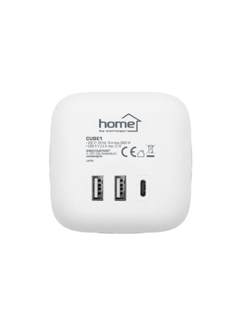 Home CUBE1 kocka elosztó USB töltővel, 3 aljzat gyermekvédelemmel, 1db USB C, 2db USB A, max. 3680 W