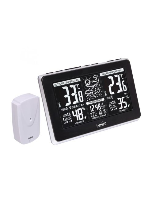 Home HCW 25 időjárás-állomás külső jeladóval, negatív, fehér LCD kijelző, beltéri hőmérséklet és páratartalom, digitális óra, naptár