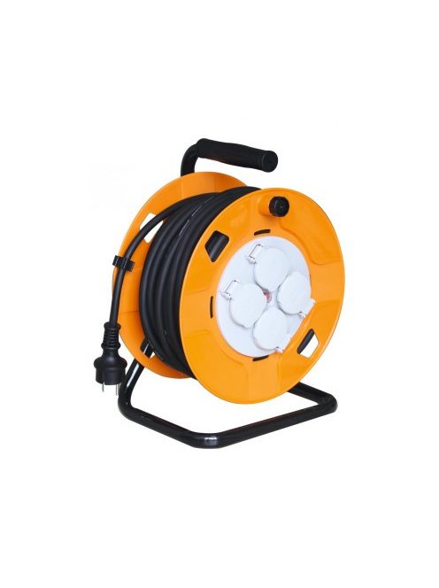 Home HJR 10-25/1,0 kábeldob, 25 m, fém talp, IP44-es védelem, H05RR-F 3G1,0 mm2 gumi kábel, max. 2300 W, 4 aljzat takarófedéllel, védőkapcsoló