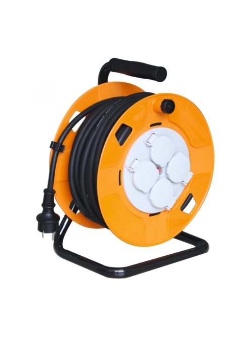 Home HJR 10-30 kábeldob, 30 m, fém talp, IP44-es védelem, H07RN-F 3G1,5 mm2 kábel gumi kábel, max. 3000 W, 4 aljzat takarófedéllel, védőkapcsoló