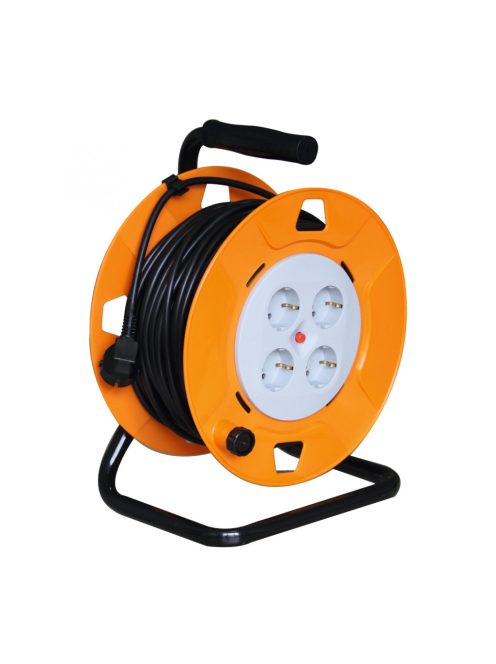 Home HJR 4-25 kábeldob, 25 m, IP20 kivitel, fém talp, H05VV-F 3G1,0 mm2 kábel, max. 2300 W, védőkapcsoló, 4 védőérintkezős aljzat