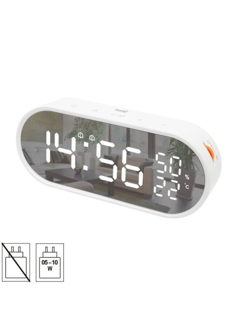 HOME LTC06 ébresztőóra, USB töltőkimenet, fehér kijelző, két ébresztési időpont, hőmérséklet és páratartalom mérés