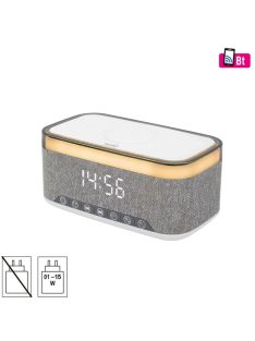   HOME LTCR06 multimédia lejátszó és ébresztőóra, 2x5 Watt, Qi telefontöltés, Bluetooth TWS, FM rádió, LED kijelző, beépített akkumulátor