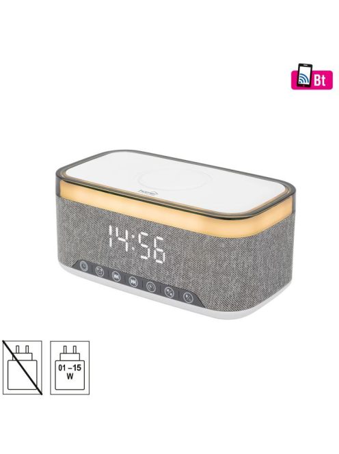 HOME LTCR06 multimédia lejátszó és ébresztőóra, 2x5 Watt, Qi telefontöltés, Bluetooth TWS, FM rádió, LED kijelző, beépített akkumulátor