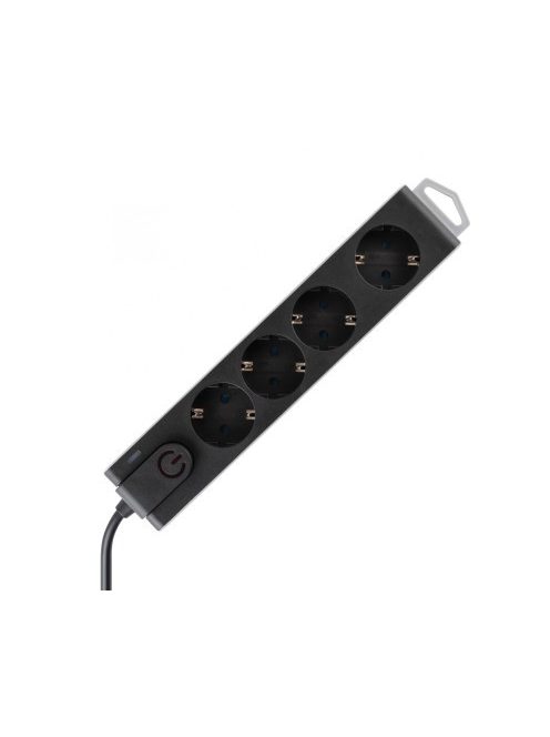 Home NVT 4K-3/BK túlfeszültségvédett hálózati elosztó, 3 m, H05VV-F 3G1,5 mm2 kábel, 4 aljzat gyermekvédelemmel, kapcsoló, felakasztható, max. 3680W, fekete