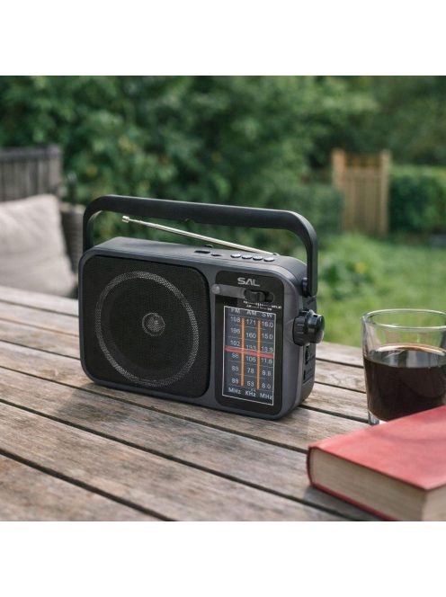 SAL RPR10 hordozható rádió multimédia lejátszóval, vezeték nélküli Bluetooth hangszóró, 3-sávos rádió, MP3 lejátszás USB/microSD eszközről, tölthető