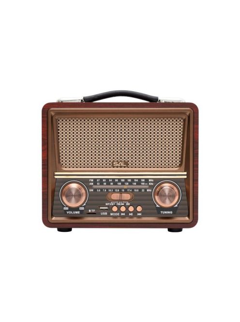 SAL RRT22 hordozható retró rádió multimédia lejátszóval, Bluetooth hangszóró, 3-sávos rádió, MP3 lejátszás USB/microSD eszközről, akkumulátor