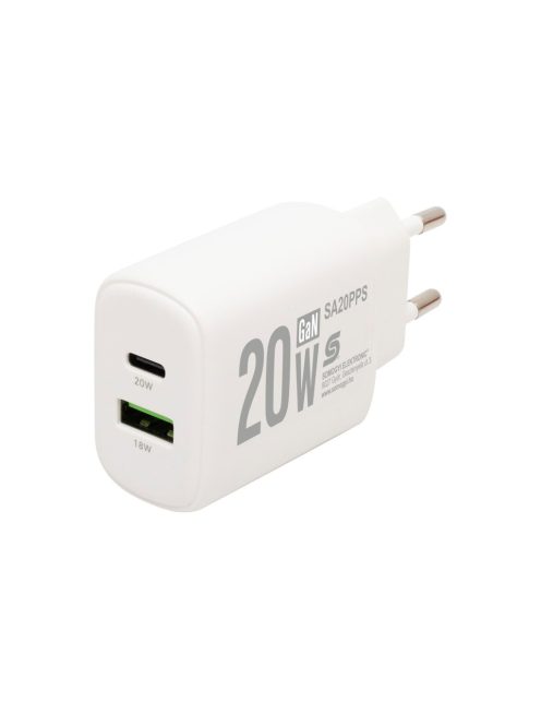 HOME SA20PPS USB hálózati gyorstöltő, 20 Watt, 2in1: USB-A + USB-C aljzat, QC + PD + PPS gyorstöltés, GaN technológia