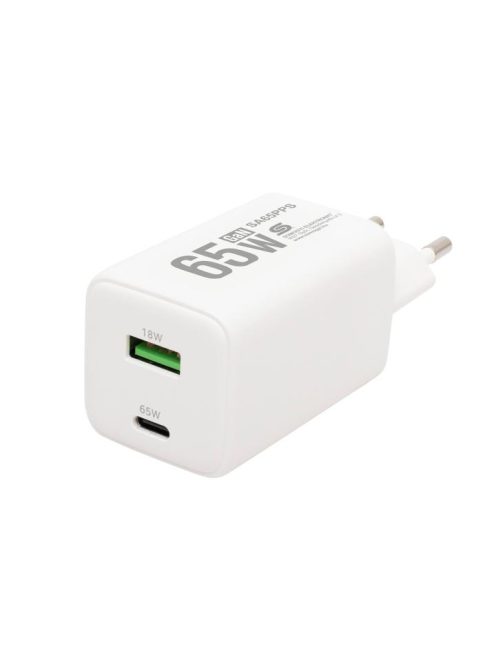 HOME SA65PPS USB hálózati szupergyors töltő, 65Watt, 2in1: USB-A + USB-C aljzat, QC + PD + PPS gyorstöltés, GaN technológia