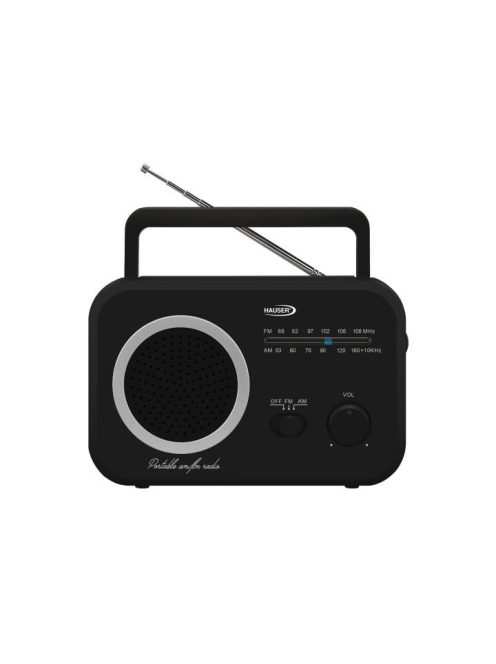 HAUSER TR-9205 AM/FM analóg táskarádió, max. 0,8 W RMS teljesítmény, elemes és hálózati tápellátás, fekete színű