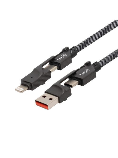 Home USB4X1 töltőkábel, 4in1, USB C-C / A-C / C-LIGHTNING / A-LIGTNING, 1.1 méter, 66W gyorstöltés, szőtt nylon burkolat, lapos, gabalyodásmentes kábel