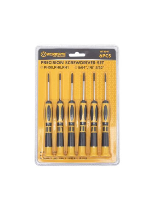 WORKSITE WT8091 műszerész csavarhúzó készlet, 6db, lapos és Phillips csillag fejek, precíziós feladatokhoz